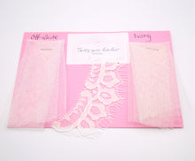 Load image into Gallery viewer, Coco and Everly lace edged veil fabric samples
