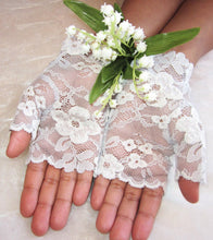 Load image into Gallery viewer, Ivory and blue lace bridal gloves
