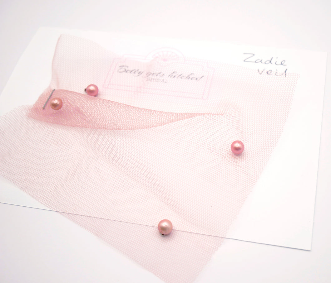 Fabric sample, Zadie rose pink fingertip pearl veil