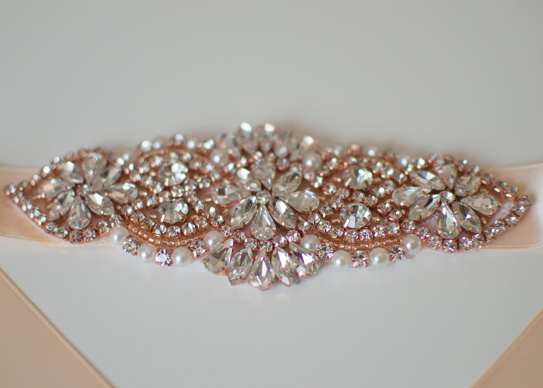 Crystal and pearl rose gold bridal belt