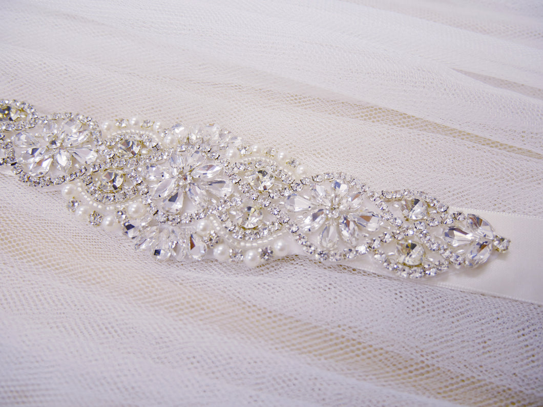 Silver crystal and pearl bridal belt